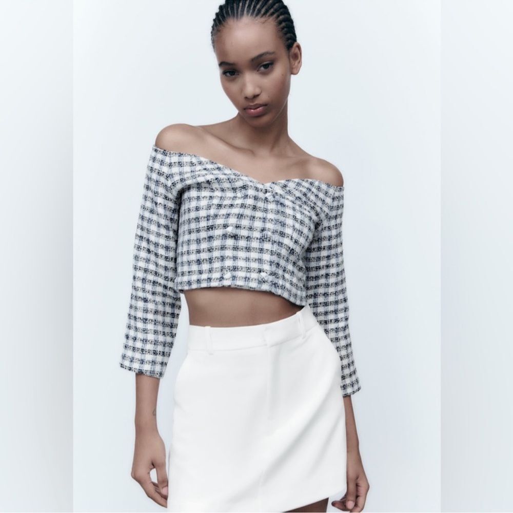 Zara Woman’sTweed Off Shoulder Top Size small